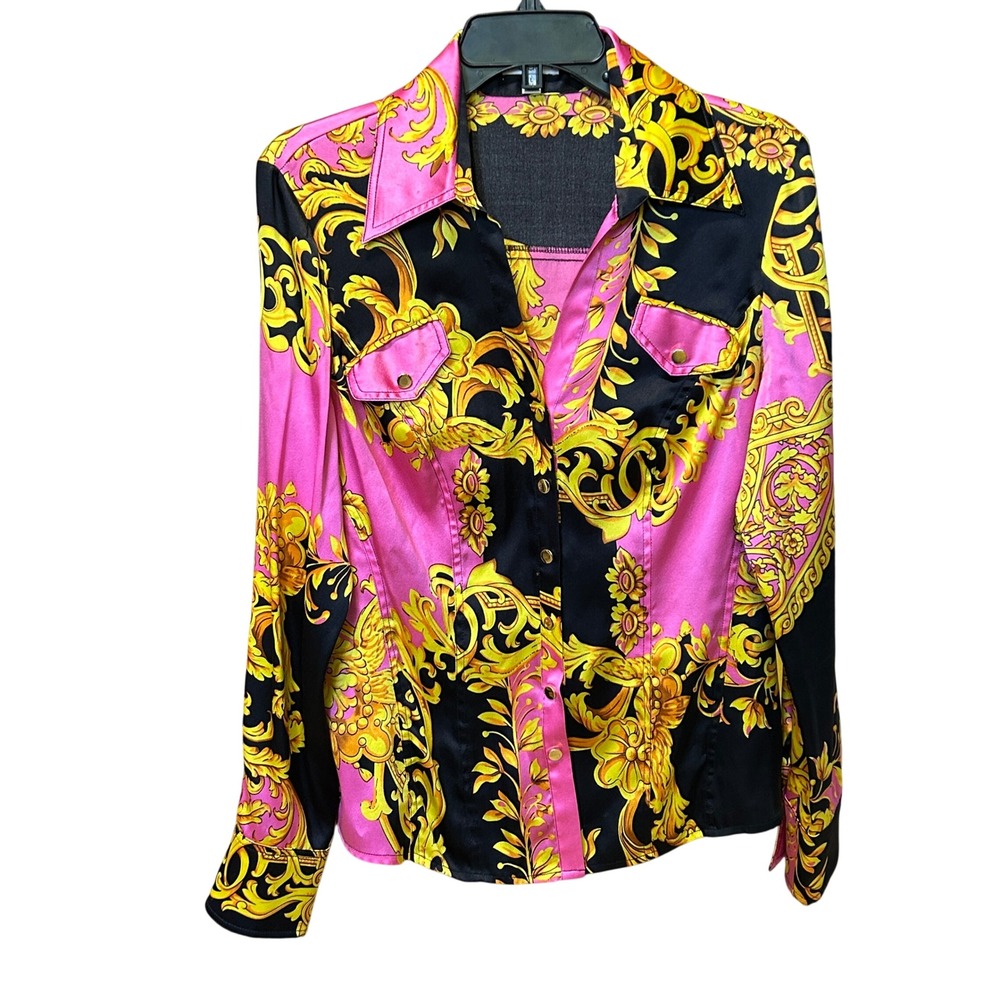 Cache Silk Baroque Print Button Down Shirt L Pink Black Gold Ornate Luxury